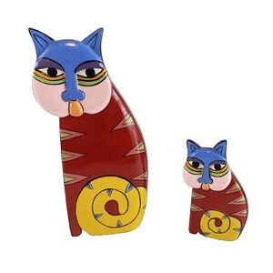 Set of 2 Wooden Cat Figurines Tallest is 8" x 4"